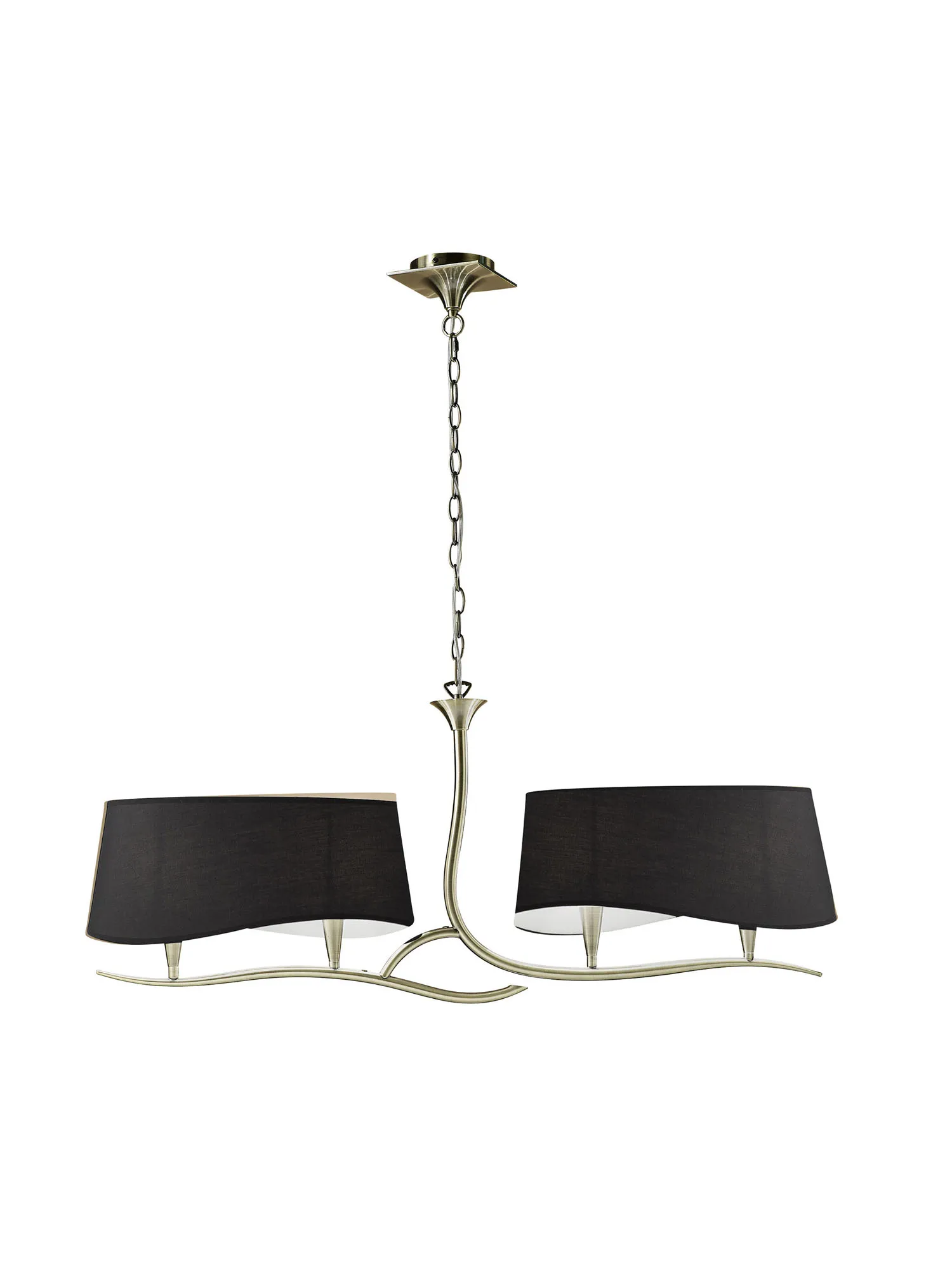 M1921/BS  ## Ninette Linear Pendant 2 Arm 4 Light E14 With Black Shades Antique Brass